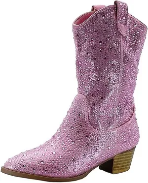 Forever Girls/Kids Rhinestone Western Cowgirl Cowboy Pointed Toe Low Heel Boots