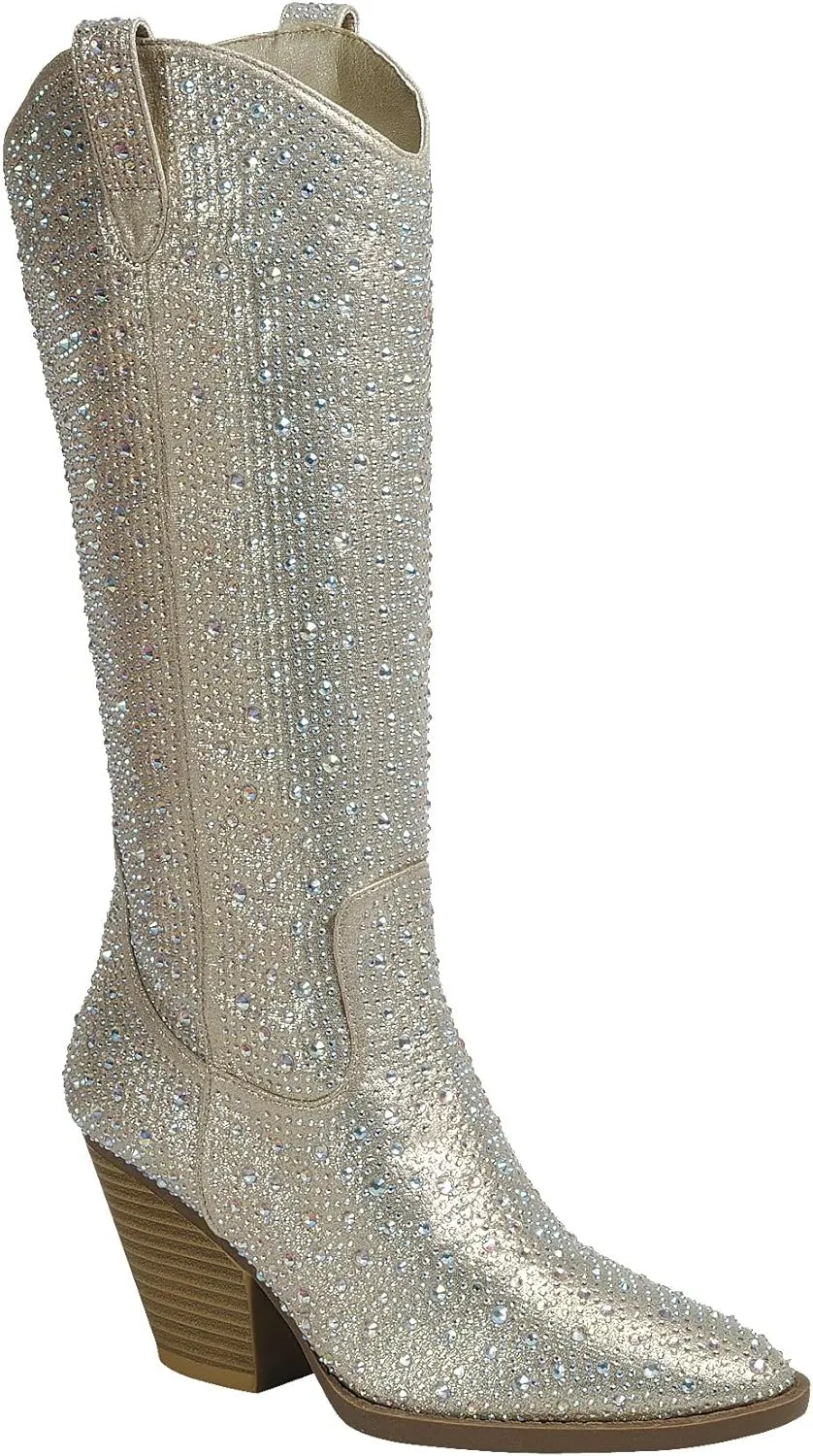 Forever Women Rhinestone Western Cowboy Pointed Toe Knee High Pull-on Boots