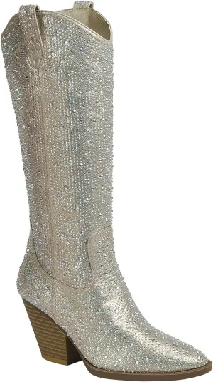 Forever Women Rhinestone Western Cowboy Pointed Toe Knee High Pull-on Boots