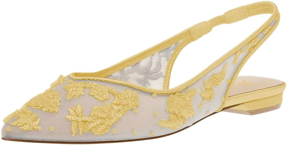 FOWT Women Elegant Pointed Toe Embroidered Mesh Slingback Ballet Flats Elastic Backtrap Comfy Party Dress Leisure Flat Sandals Size 4-16 US