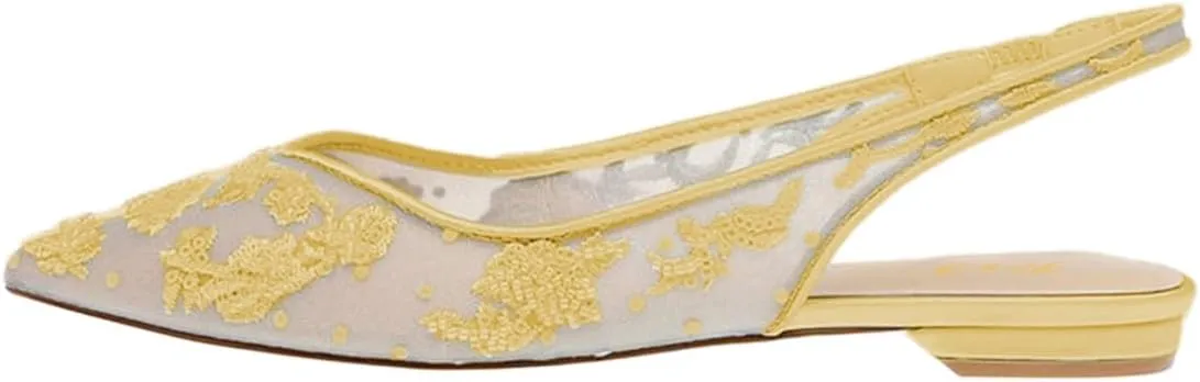 FOWT Women Elegant Pointed Toe Embroidered Mesh Slingback Ballet Flats Elastic Backtrap Comfy Party Dress Leisure Flat Sandals Size 4-16 US