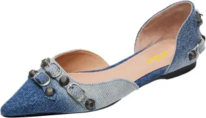 FSJ Women Closed Pointed Toe D'Orsay Rivet Slip On Dress Flats Shoes Comfortable Studded Faux Leather Solid Color Fashion Shoes Size 4-16 US