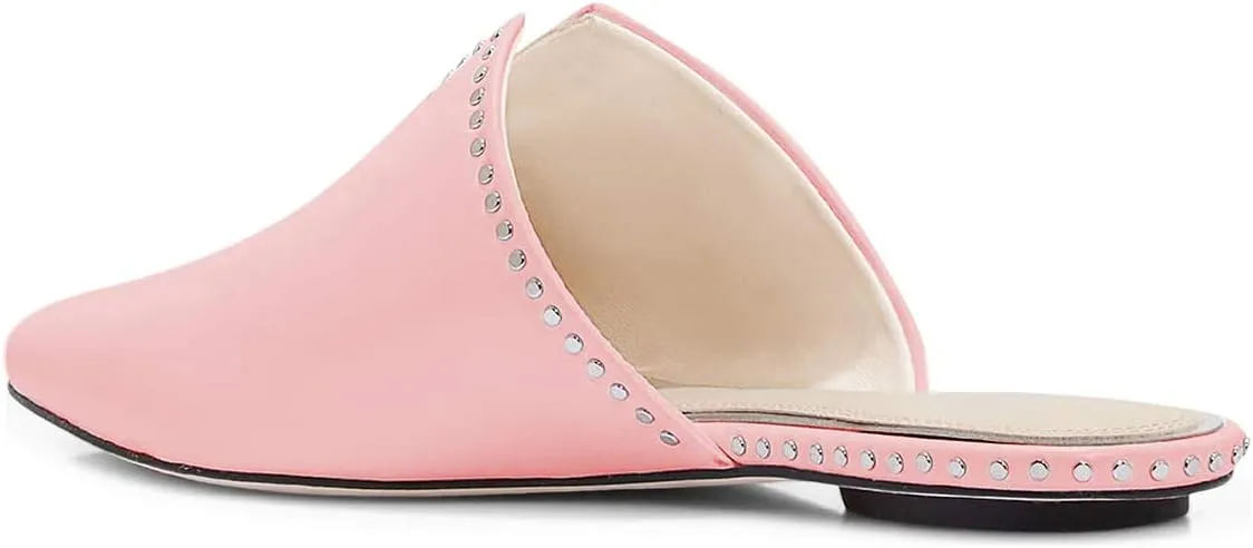 FSJ Women Studs V Cut Flats Mules Pointed Toe Low Heel Slippers Slide Sandals Backless Casual Shoes Size 4-15 US