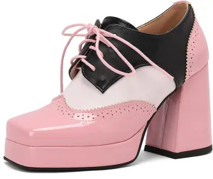 Gicoiz Patent Oxford Women Office Work Lace Up Stylish Brogue Pumps