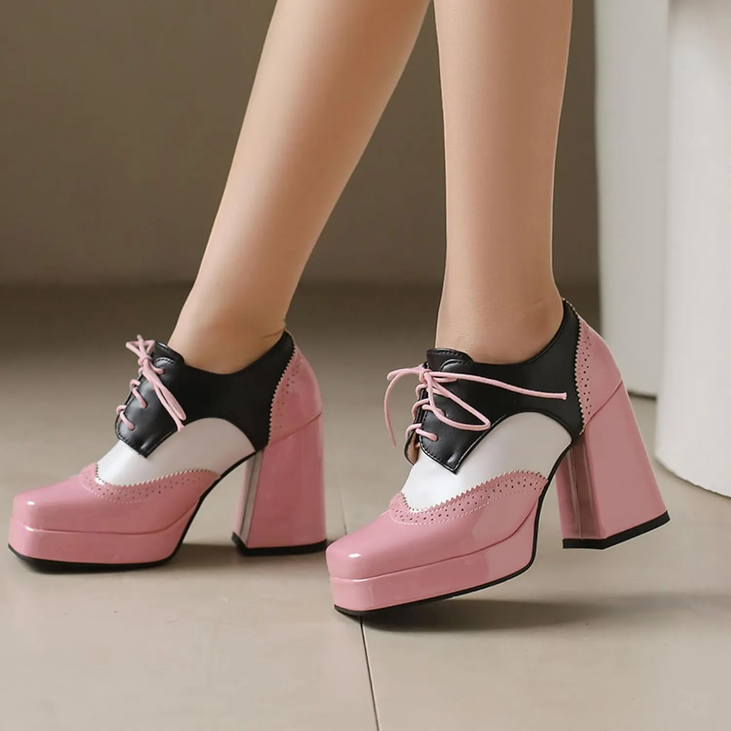Gicoiz Patent Oxford Women Office Work Lace Up Stylish Brogue Pumps