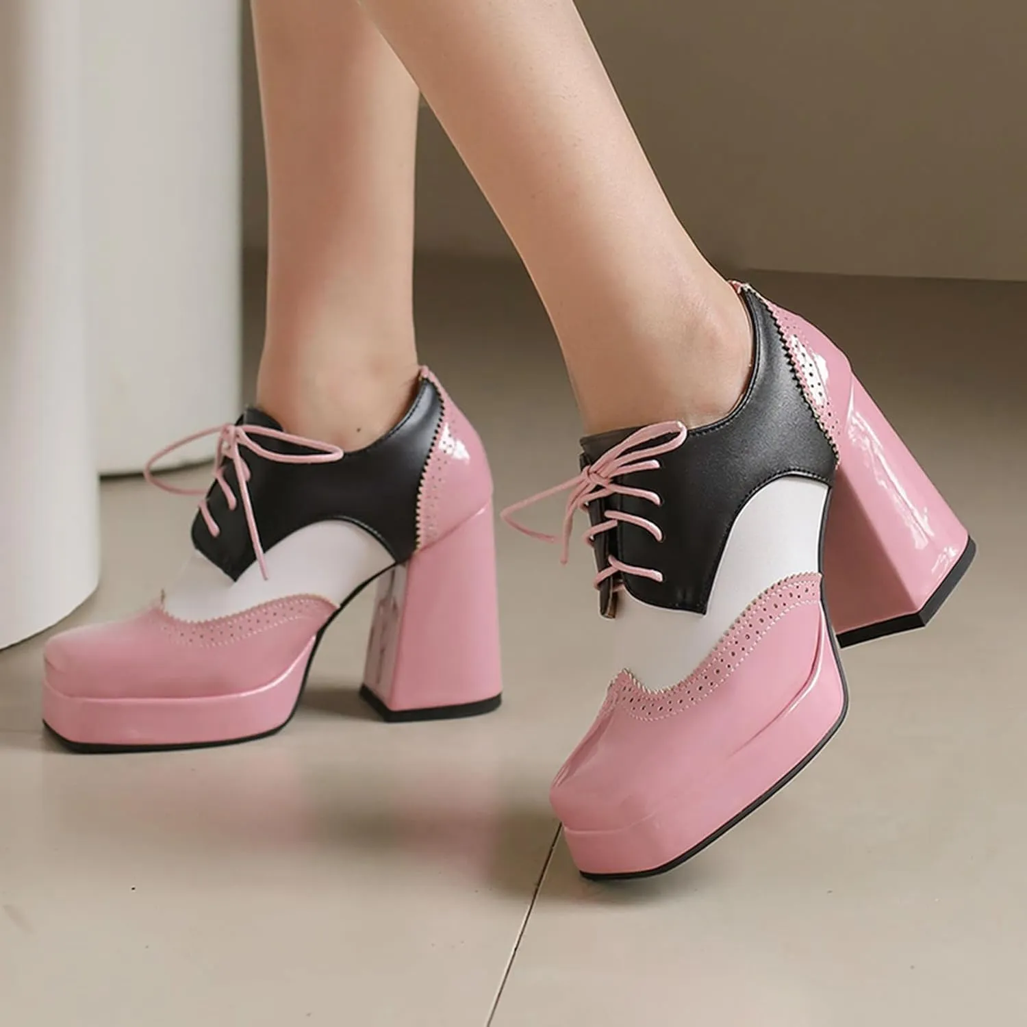 Gicoiz Patent Oxford Women Office Work Lace Up Stylish Brogue Pumps
