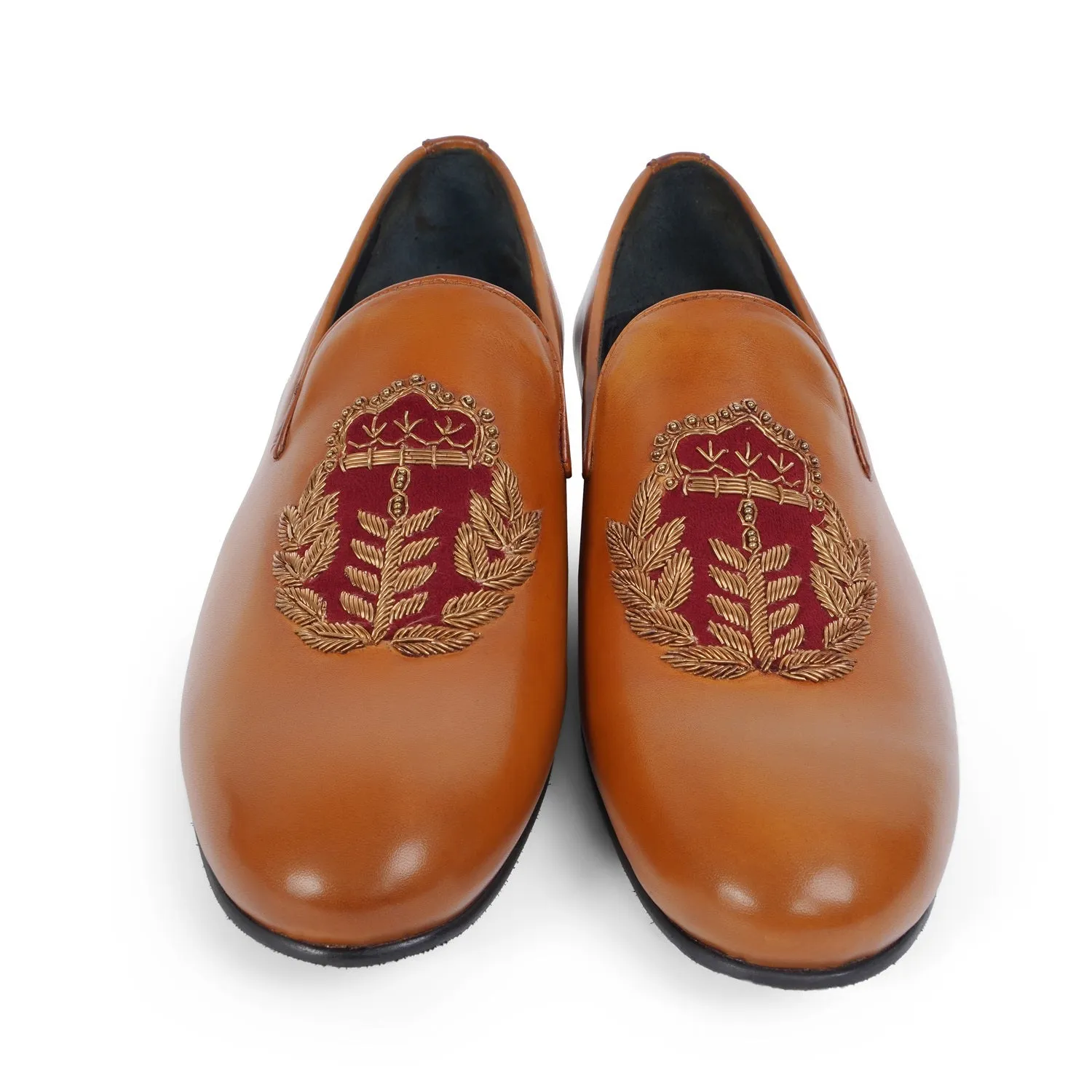 Golden Hand Zardosi with Red Combination on Tan Velvet Slip-On by Brune & Bareskin