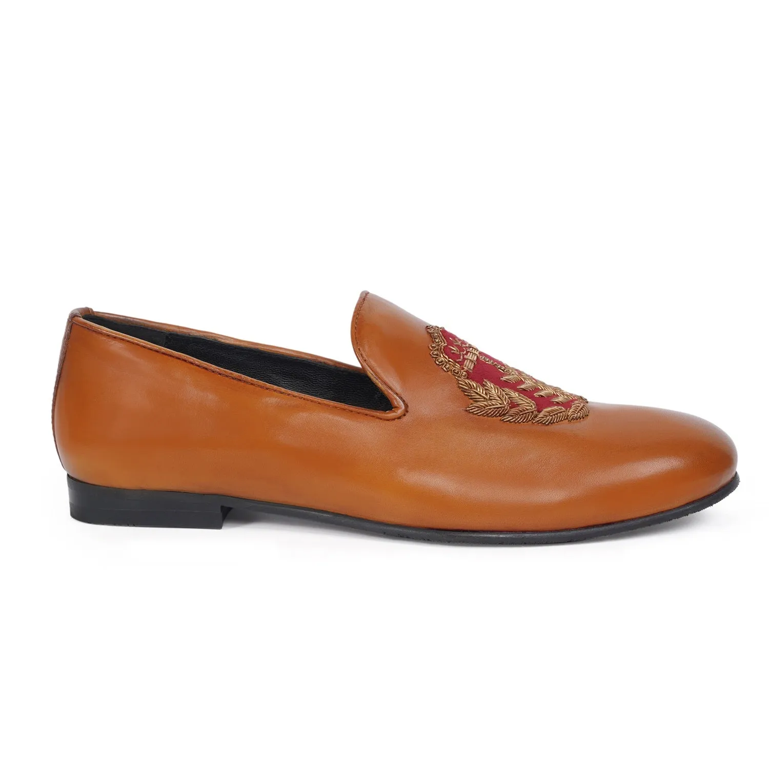 Golden Hand Zardosi with Red Combination on Tan Velvet Slip-On by Brune & Bareskin