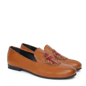 Golden Hand Zardosi with Red Combination on Tan Velvet Slip-On by Brune & Bareskin