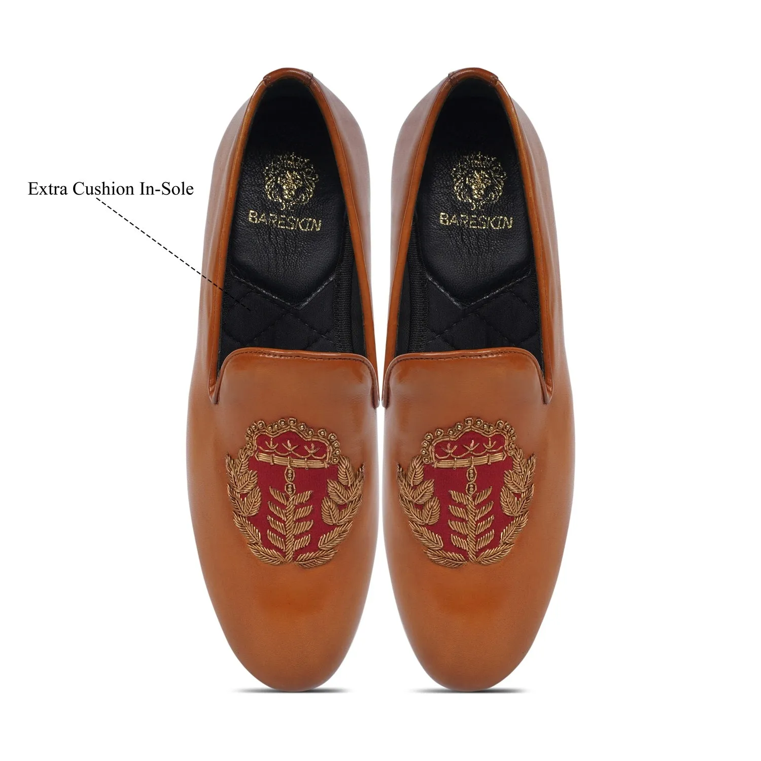 Golden Hand Zardosi with Red Combination on Tan Velvet Slip-On by Brune & Bareskin