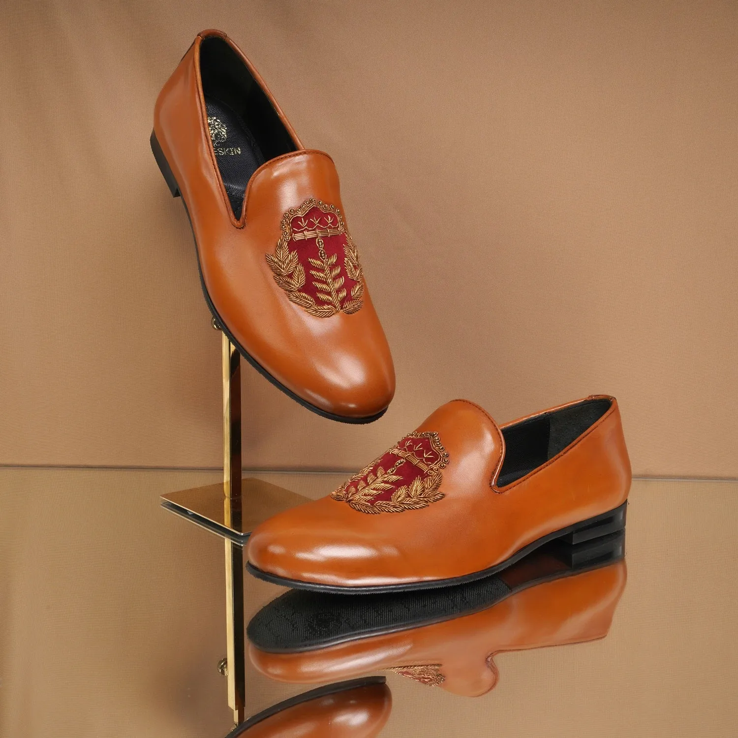Golden Hand Zardosi with Red Combination on Tan Velvet Slip-On by Brune & Bareskin