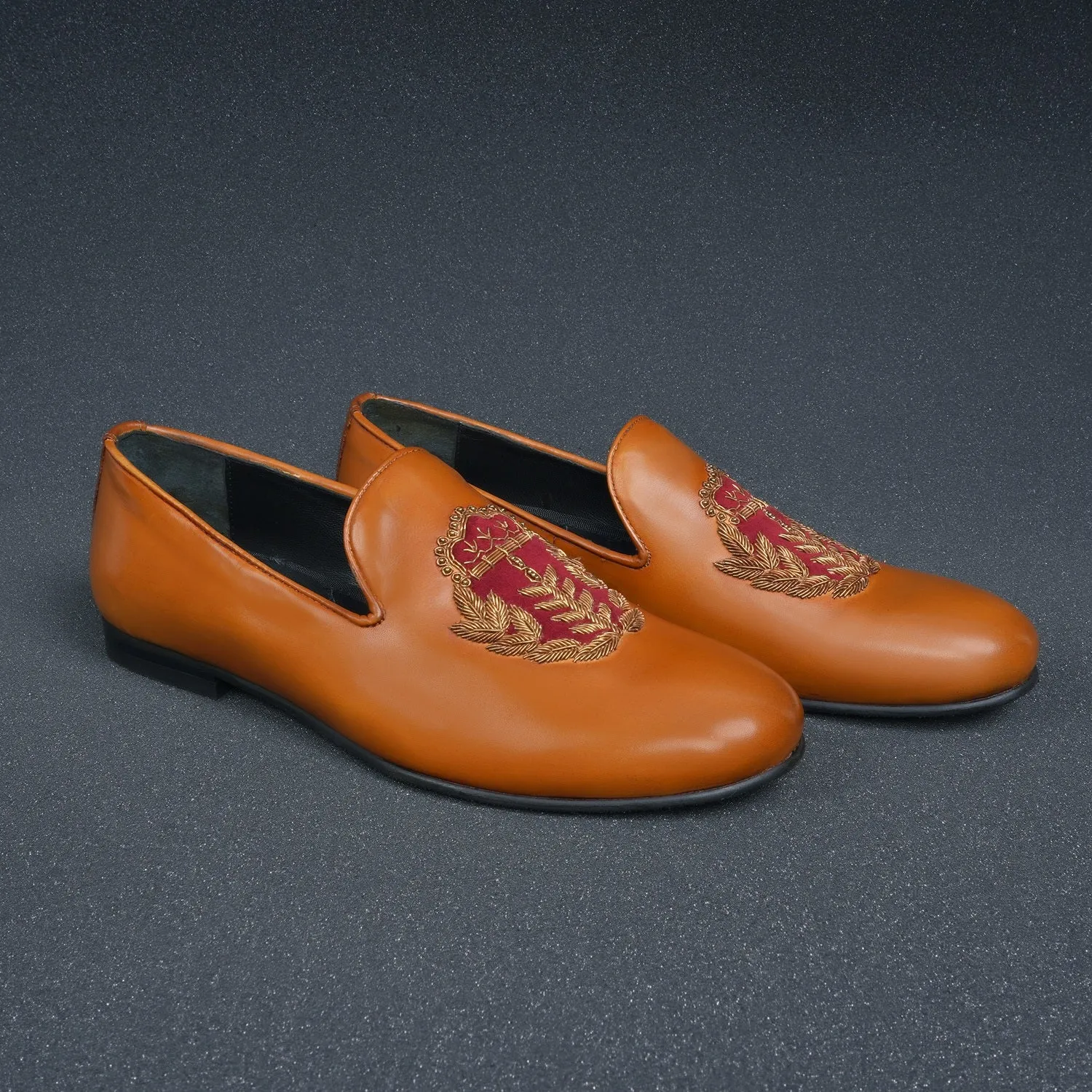 Golden Hand Zardosi with Red Combination on Tan Velvet Slip-On by Brune & Bareskin