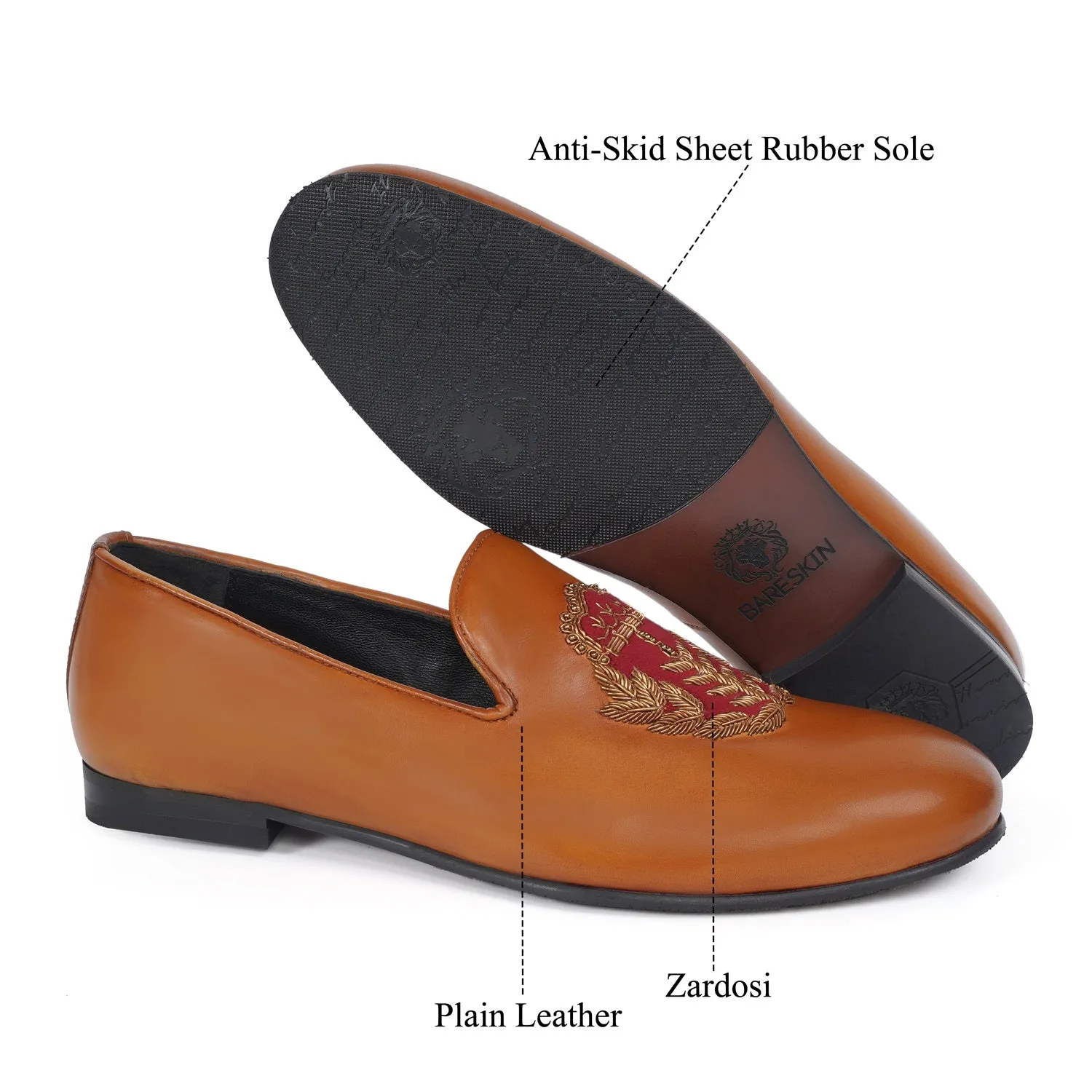 Golden Hand Zardosi with Red Combination on Tan Velvet Slip-On by Brune & Bareskin