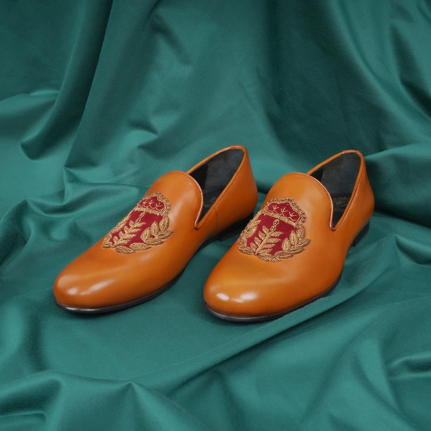 Golden Hand Zardosi with Red Combination on Tan Velvet Slip-On by Brune & Bareskin