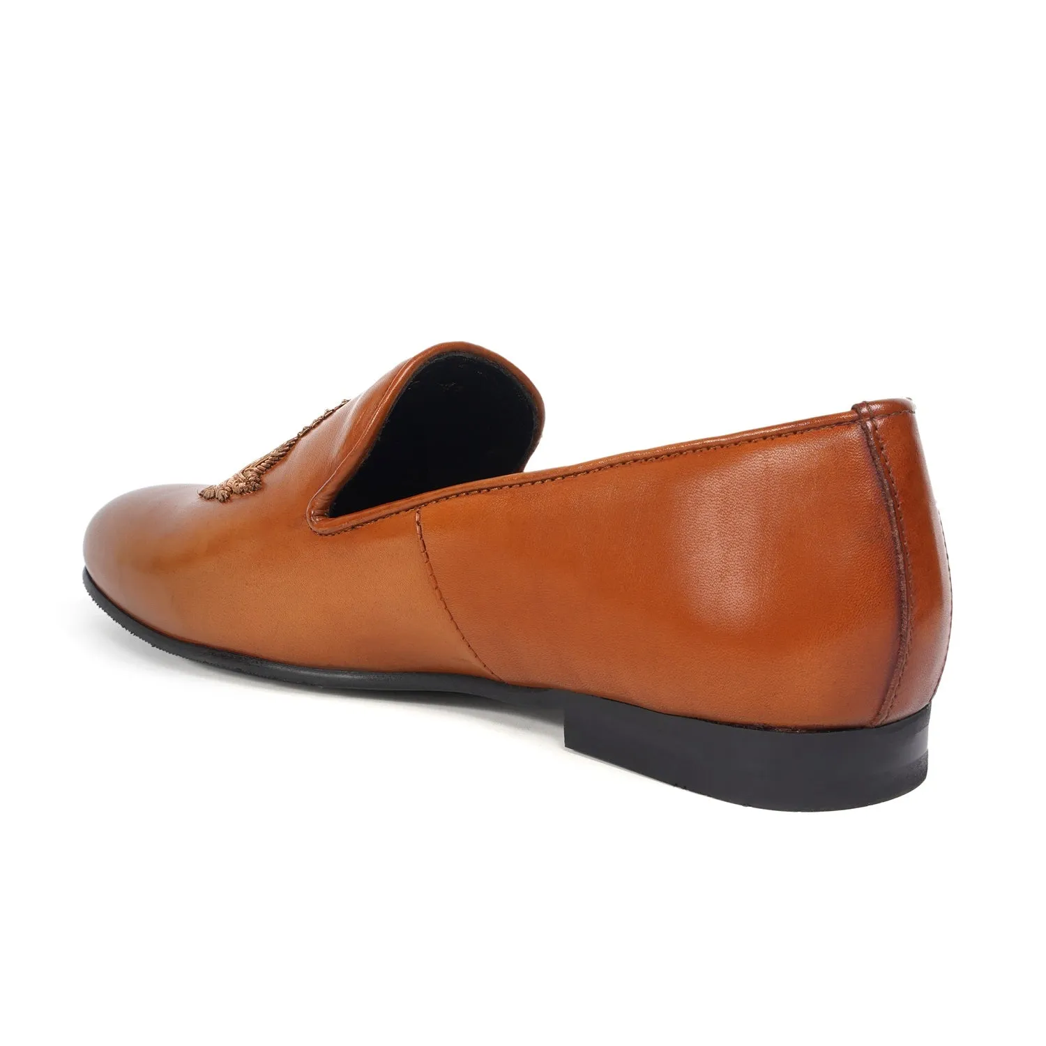 Golden Hand Zardosi with Red Combination on Tan Velvet Slip-On by Brune & Bareskin