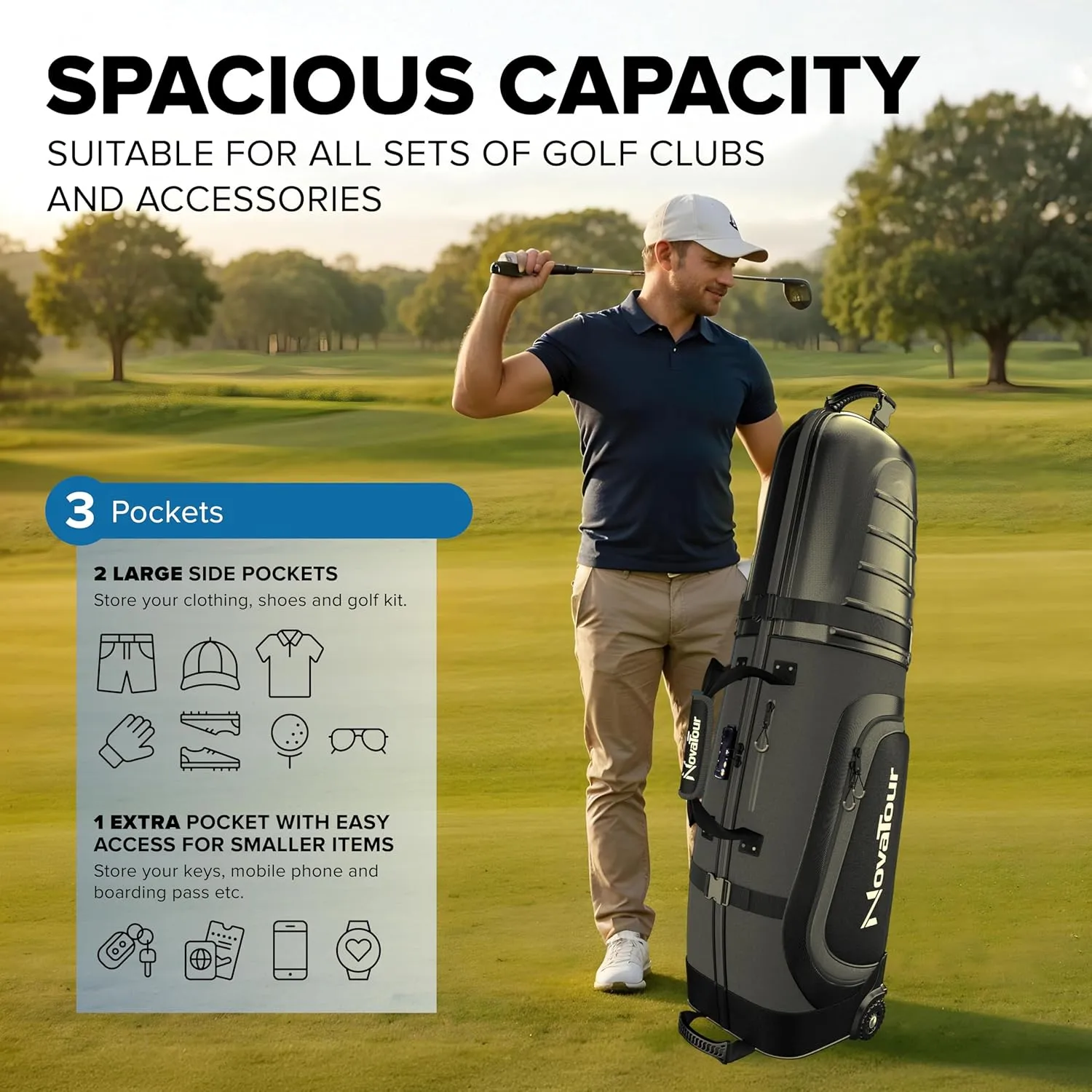Golf Travel Bag for Airlines: Hard Case Top, Waterproof Zippers, 1680D Oxford Fabric, Built-in TSA Lock, Oversized Tank Wheels, Lightweight, Easy to Maneuver – Maximum Club Protection