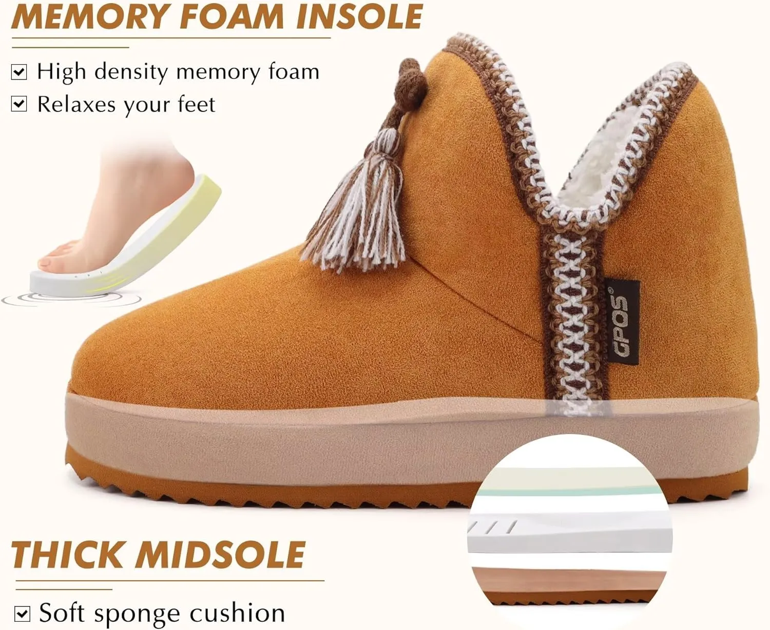 GPOS Womens House Knit Bootie Slippers Fuzzy Plush Lining Winter Ladies Warm Suede Fluff Slippers Lightweight Cozy Thick Memory Foam Comfortable Home Shoes Hard Bottom for Indoor Outdoor Size 5-11