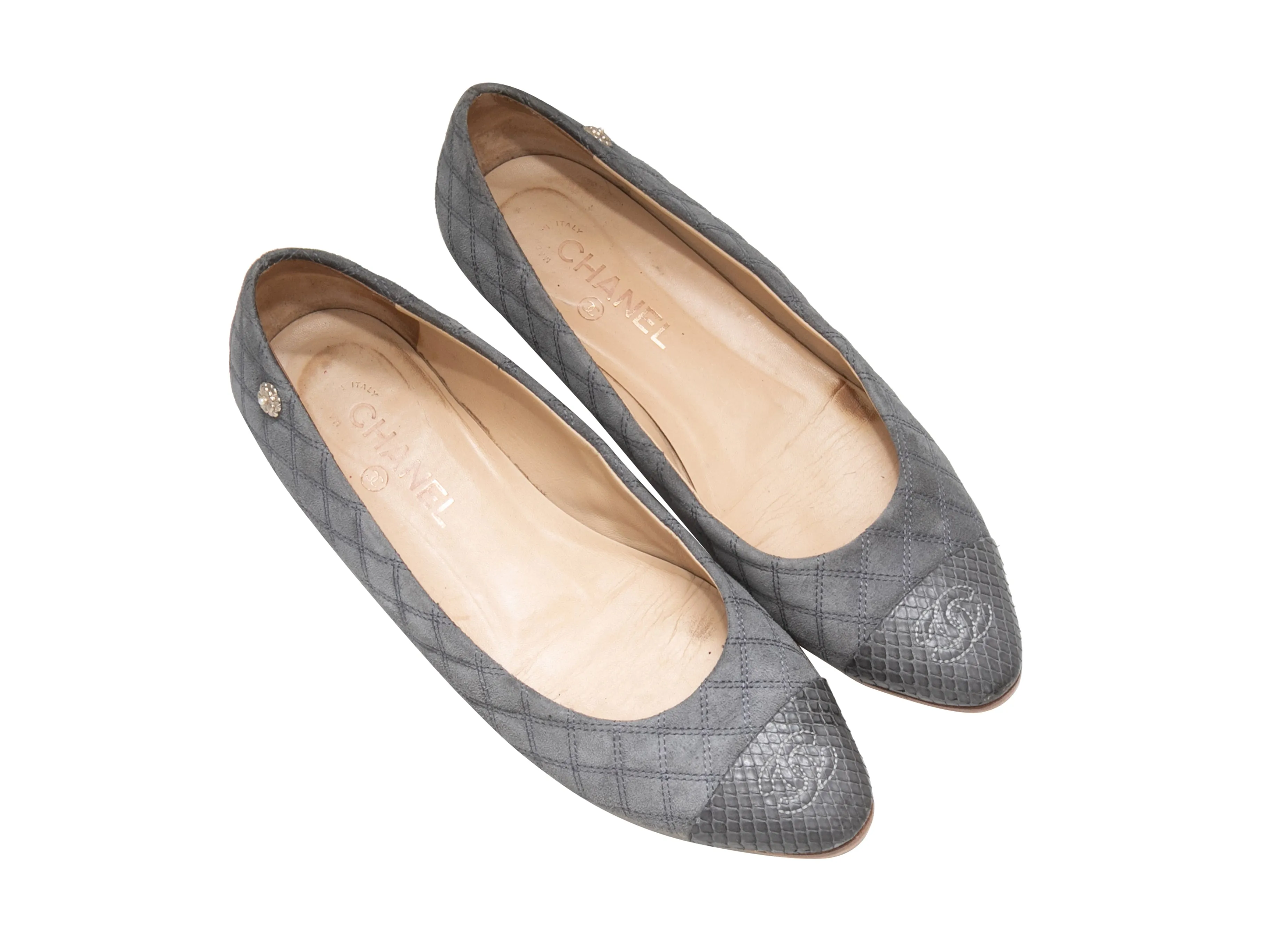 Grey Chanel Quilted Cap-Toe Ballet Flats Size 40.5