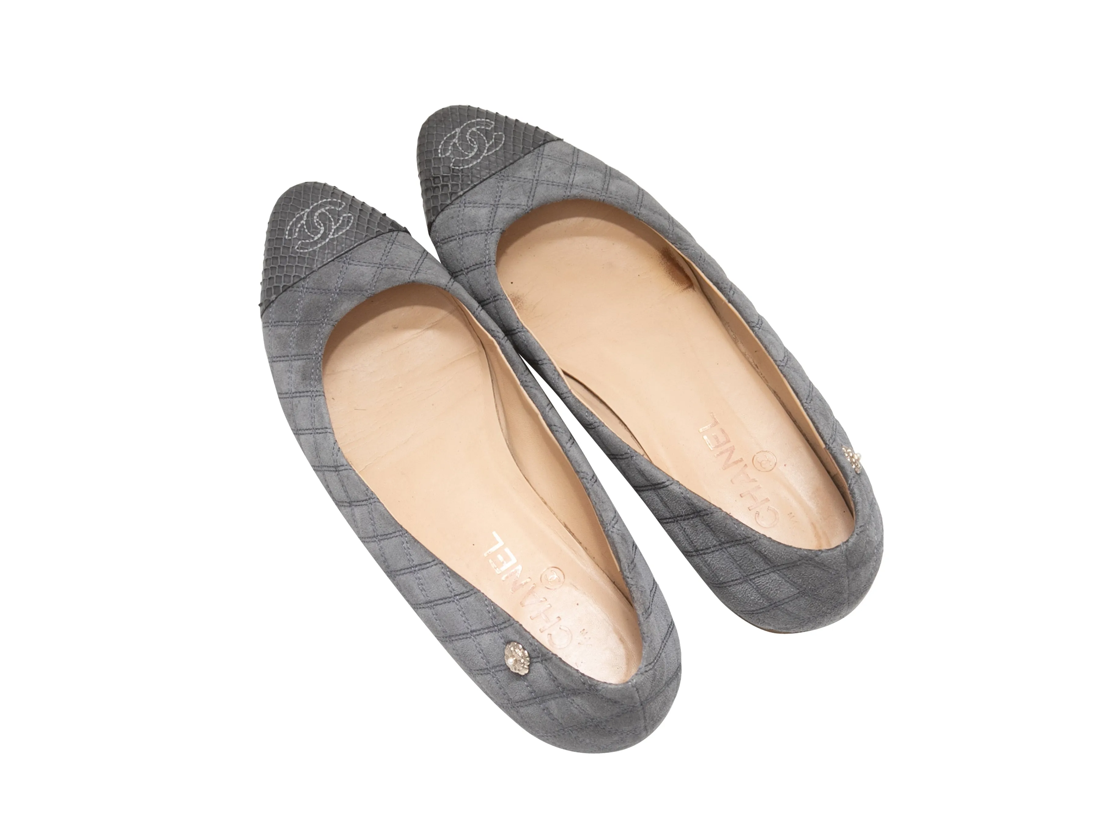 Grey Chanel Quilted Cap-Toe Ballet Flats Size 40.5