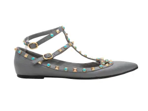 Grey Valentino Pointed-Toe Rockstud Ankle Strap Flats Size 41
