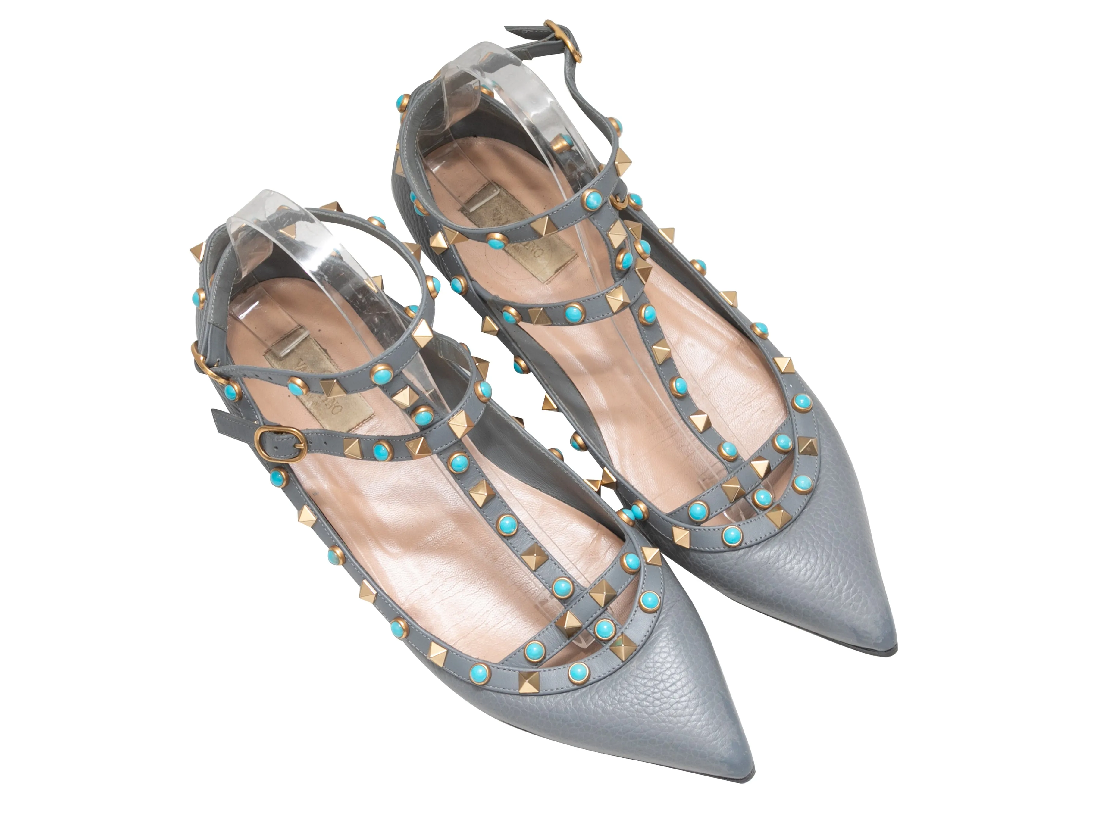 Grey Valentino Pointed-Toe Rockstud Ankle Strap Flats Size 41