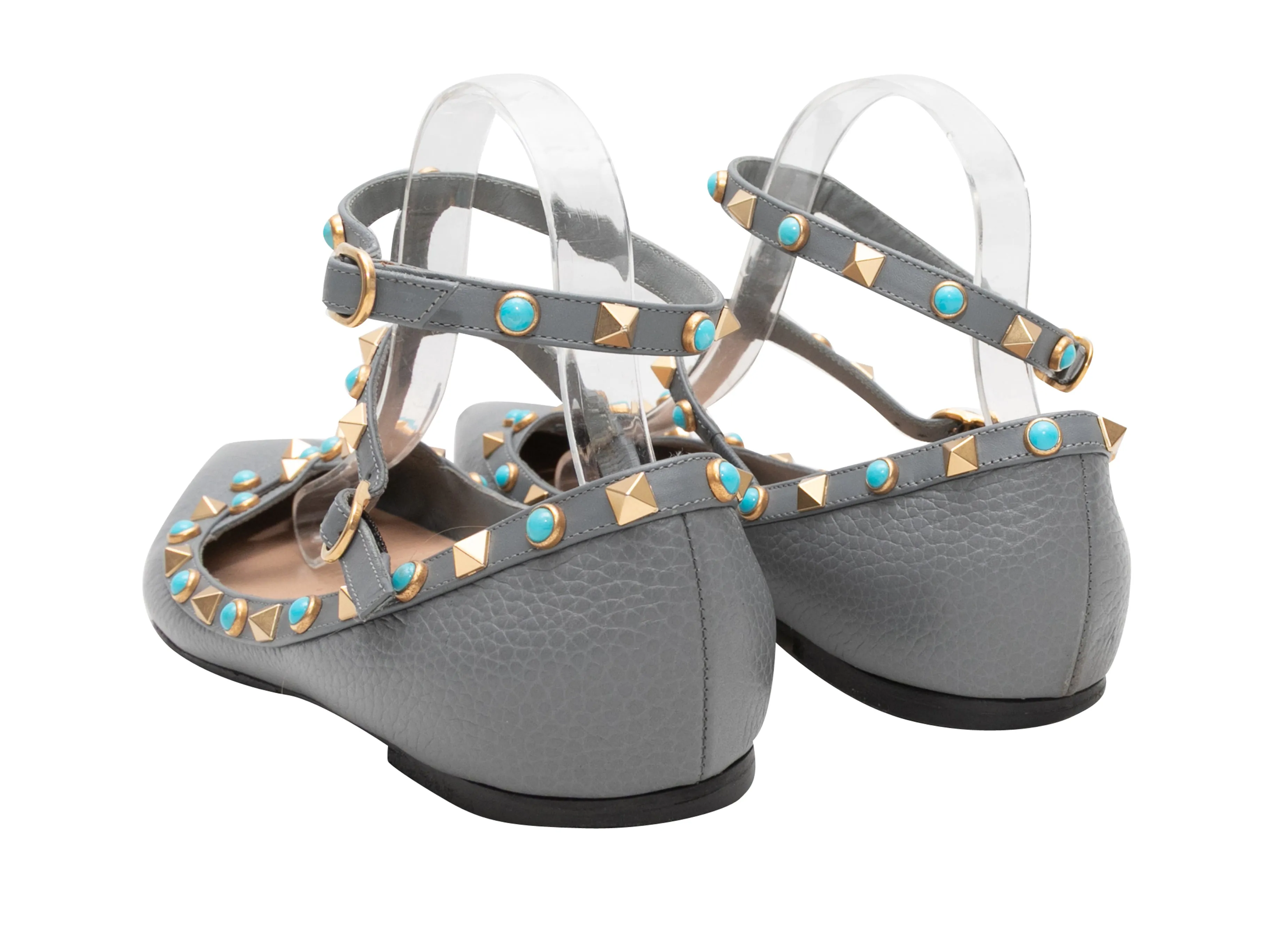 Grey Valentino Pointed-Toe Rockstud Ankle Strap Flats Size 41