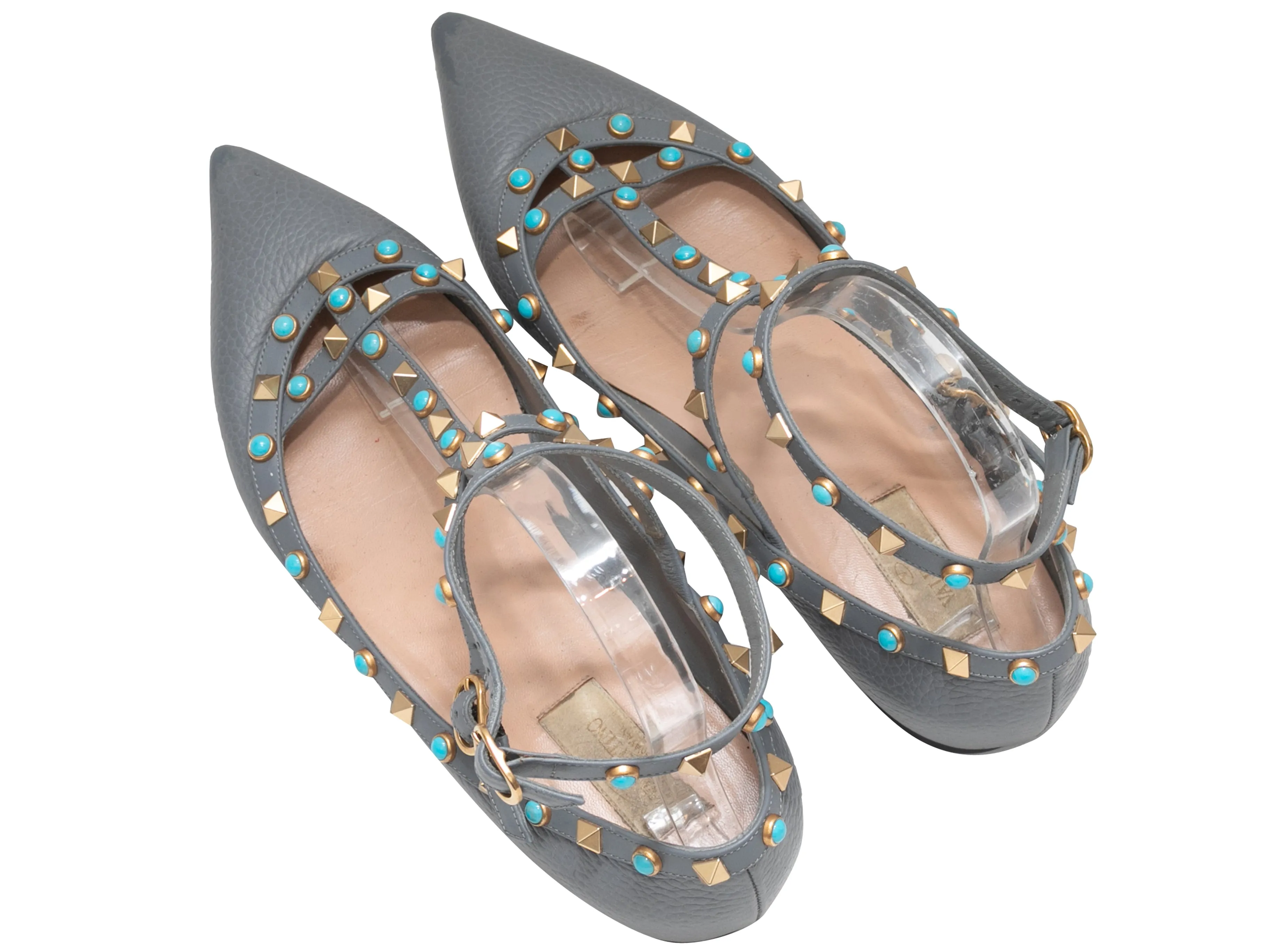 Grey Valentino Pointed-Toe Rockstud Ankle Strap Flats Size 41