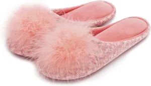 GRITHEIM Women's Fuzzy Pom Pom Velvet Memory Foam House Slippers Ladies Cozy Chenille Knit Bedroom Slippers Non-slip Sole Indoor Outdoor
