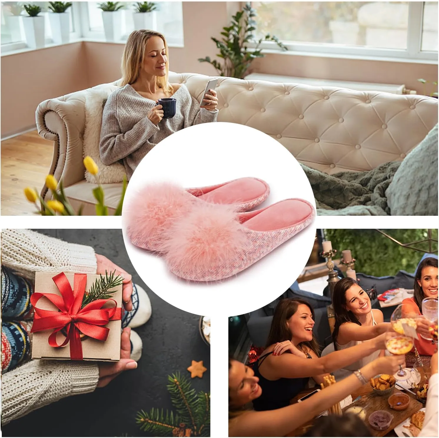 GRITHEIM Women's Fuzzy Pom Pom Velvet Memory Foam House Slippers Ladies Cozy Chenille Knit Bedroom Slippers Non-slip Sole Indoor Outdoor