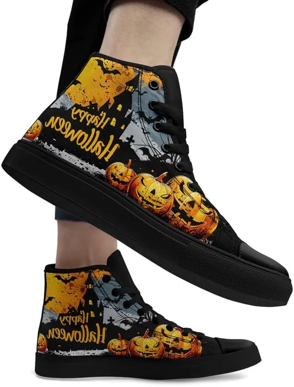 Halloween High-Top Canvas Sneakers Skull Shoes Unisex Retro Punk Rock Casual Shoes Durable Lace-Up Sneakers for Men Women