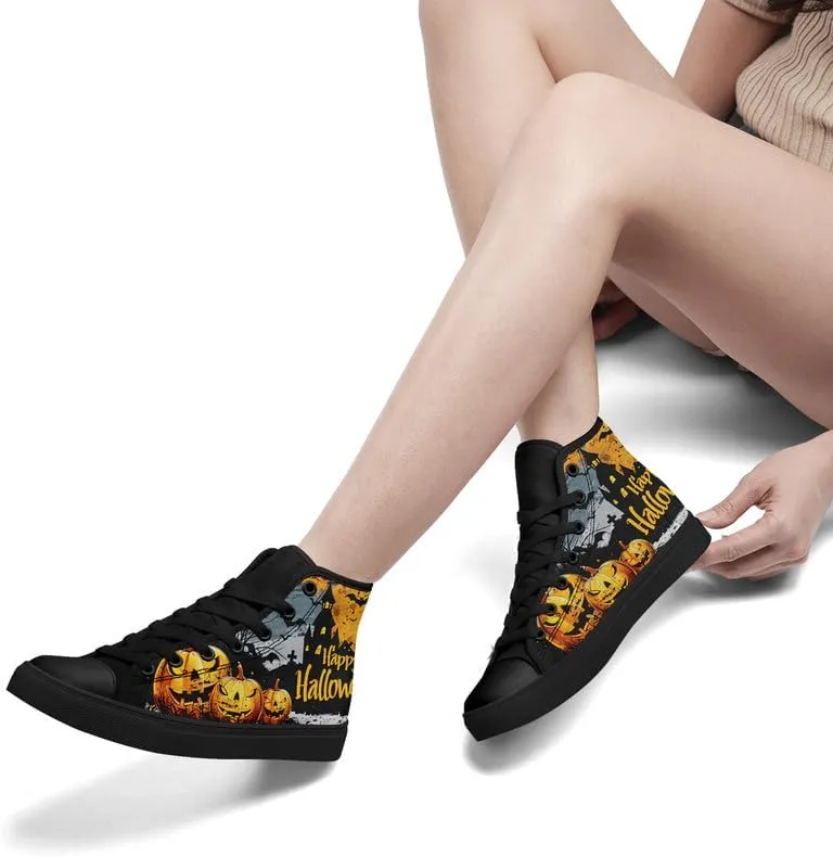Halloween High-Top Canvas Sneakers Skull Shoes Unisex Retro Punk Rock Casual Shoes Durable Lace-Up Sneakers for Men Women