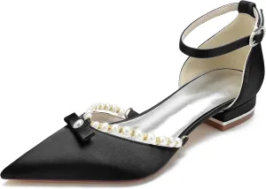 Hanfike Wedding Dress Flats for Women Ankle Strap Pointed Toe Evening Pumps with Beads JY199