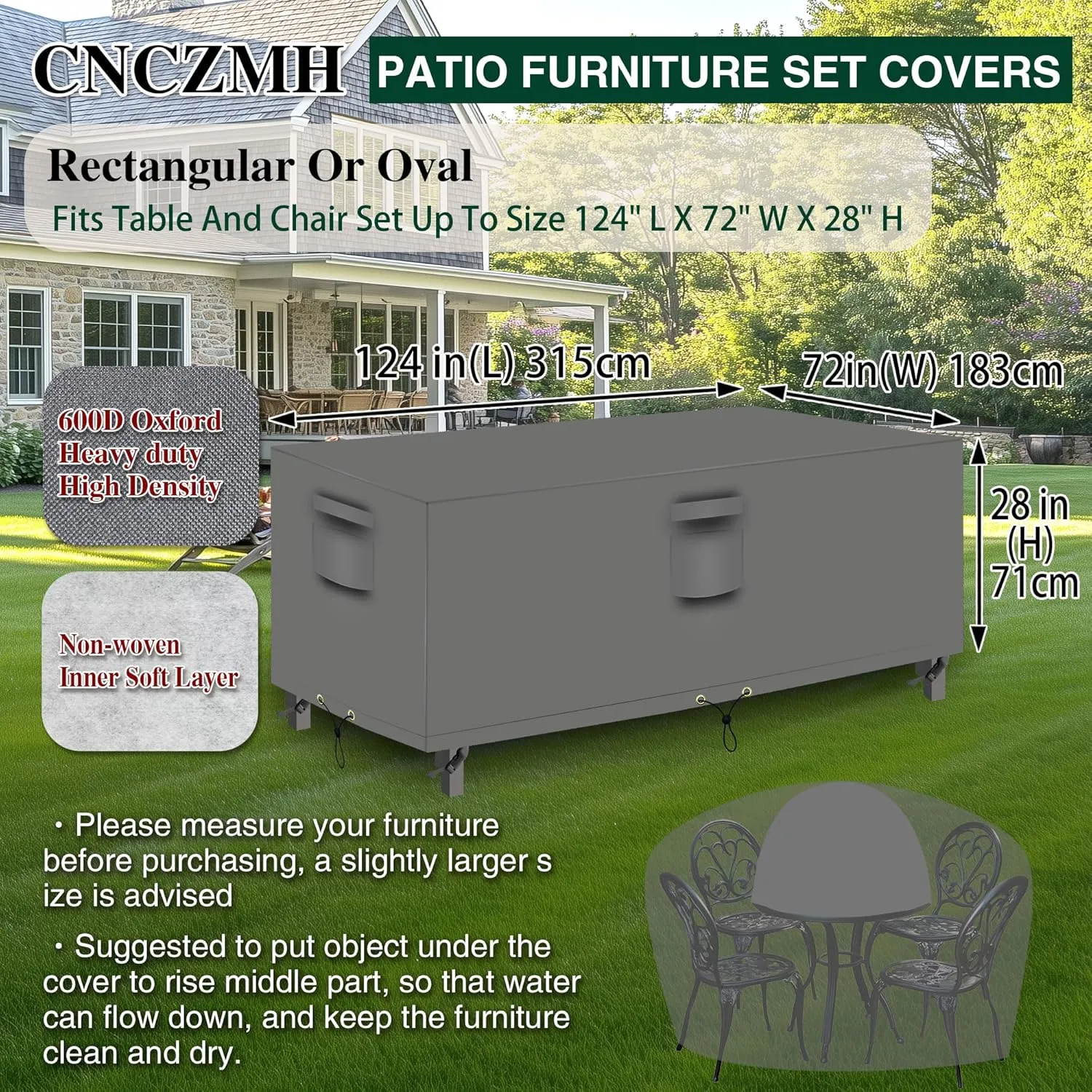 Heavy Duty Outdoor Furniture Covers Waterproof, Patio Table Cover, Sectional Couch Sofa Cover Rectangular, 600D Canvas Oval Patio Dining Table Chair Set Covers 124''L x 72''W x 28''H, Grey