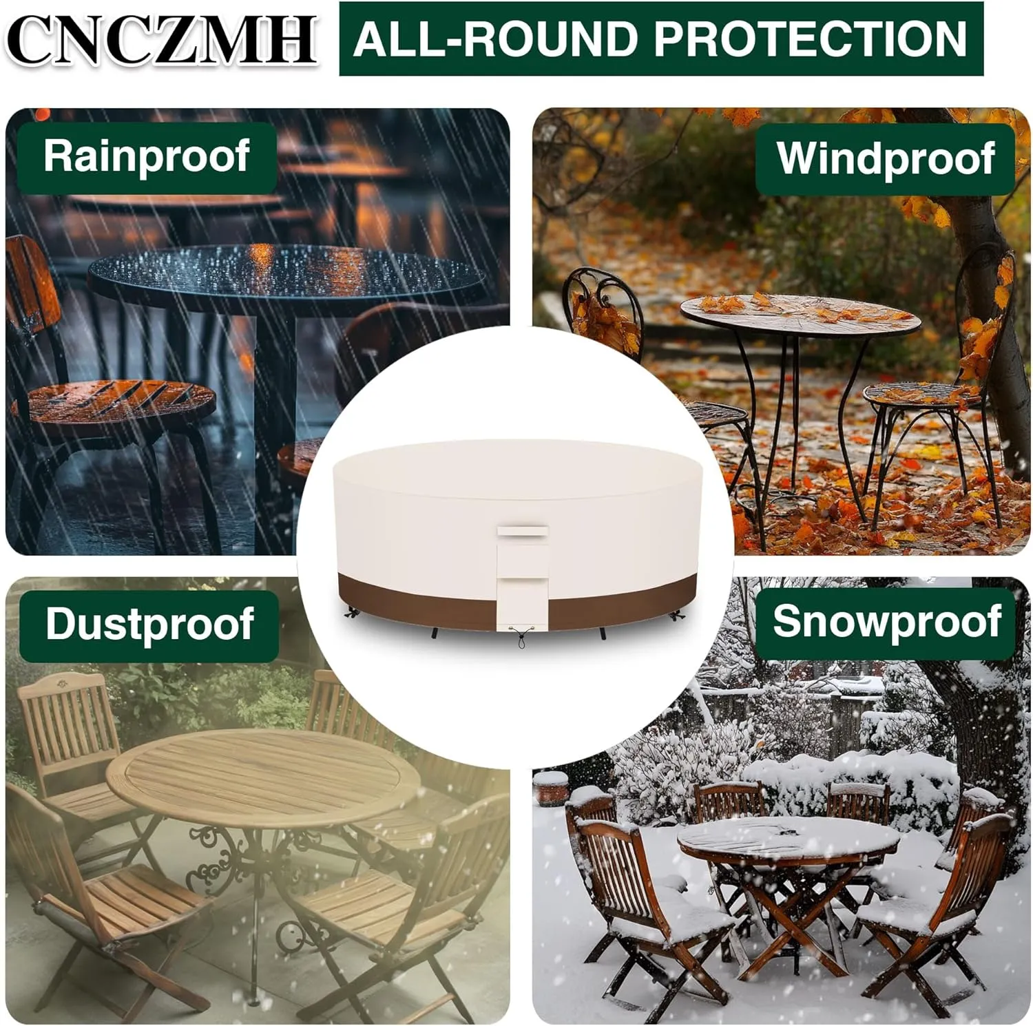Heavy Duty Patio Furniture Covers Outdoor, Waterproof Round Table Cover 600D Canvas, Large Circular Patio Dining Table And Chair Set Covers 96"DIAx28"H, Beige Brown
