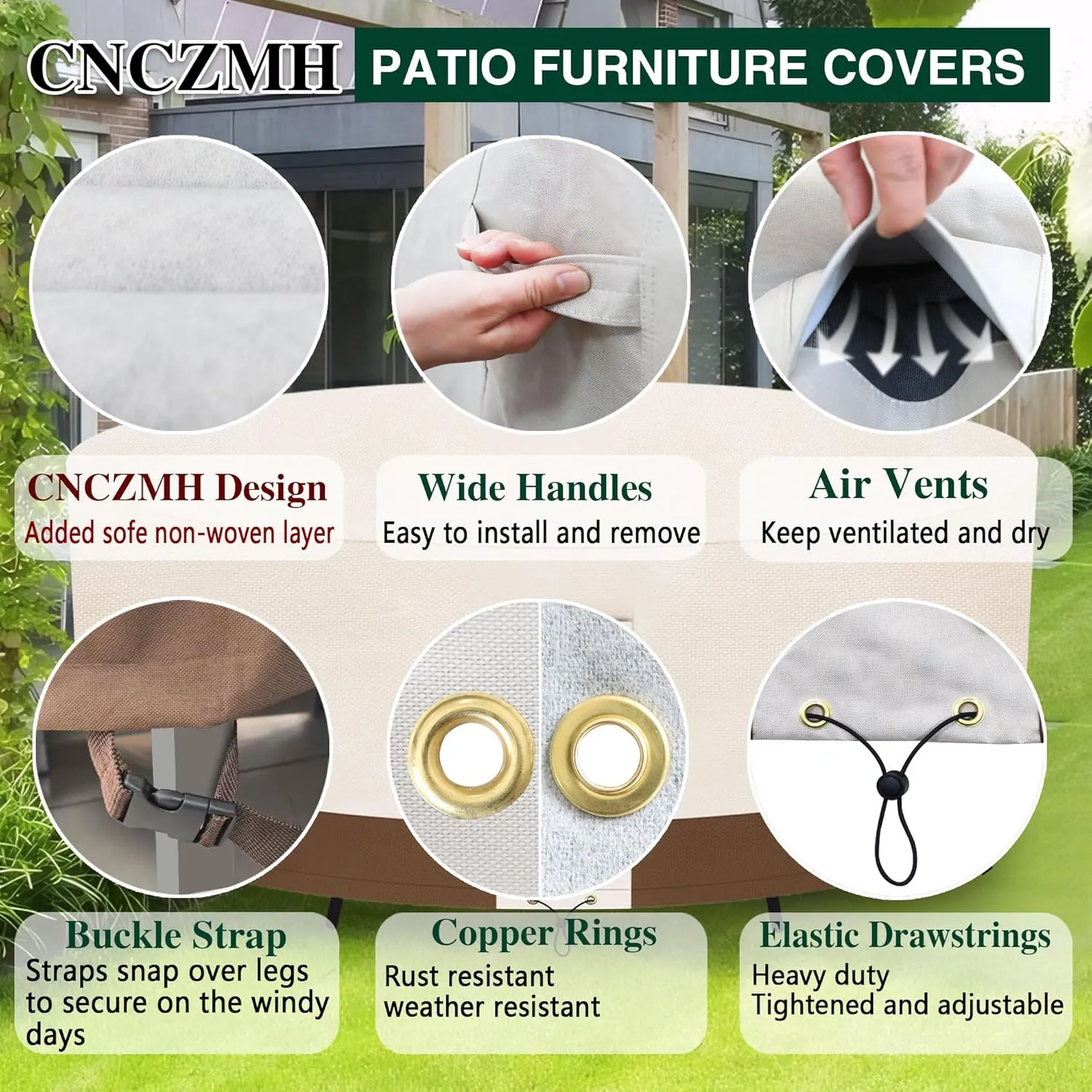 Heavy Duty Patio Furniture Covers Outdoor, Waterproof Round Table Cover 600D Canvas, Large Circular Patio Dining Table And Chair Set Covers 96"DIAx28"H, Beige Brown