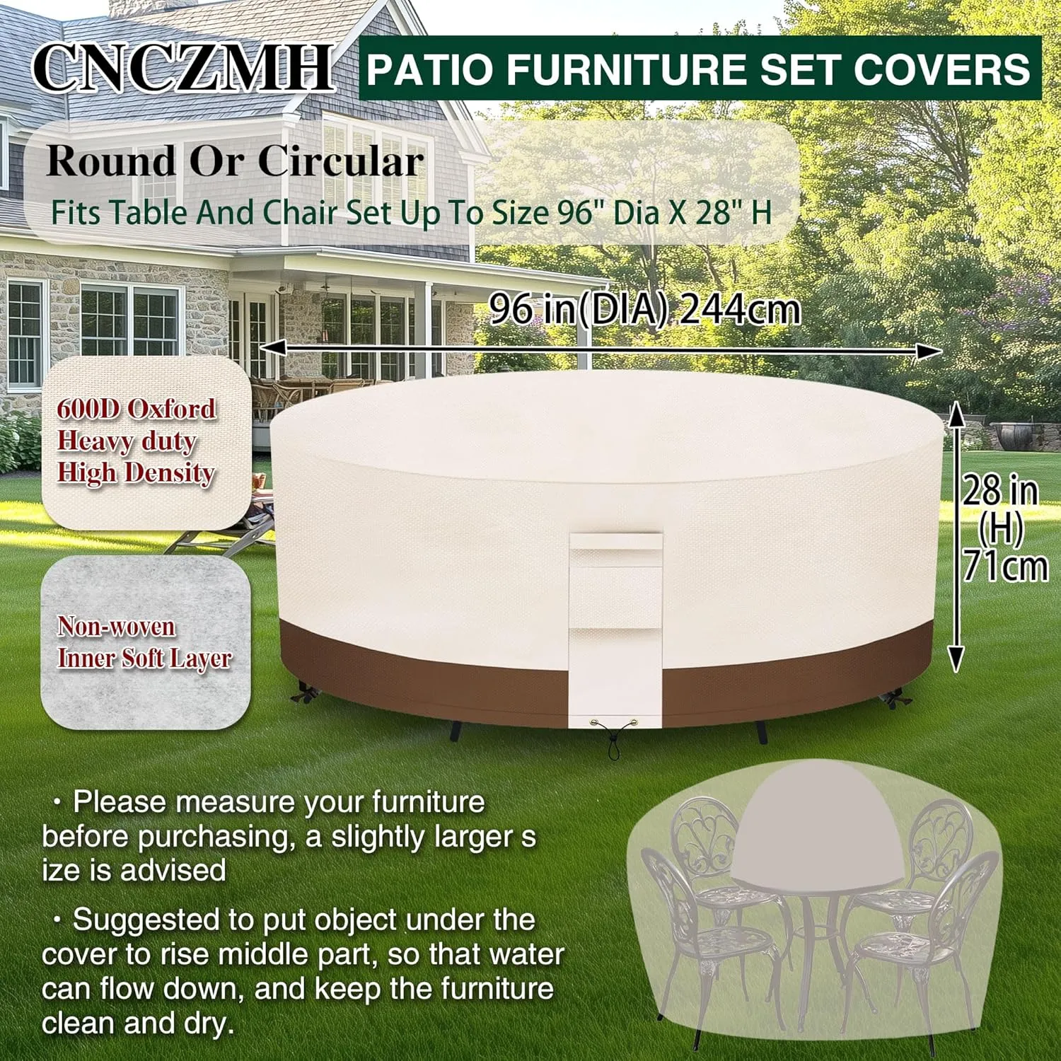 Heavy Duty Patio Furniture Covers Outdoor, Waterproof Round Table Cover 600D Canvas, Large Circular Patio Dining Table And Chair Set Covers 96"DIAx28"H, Beige Brown