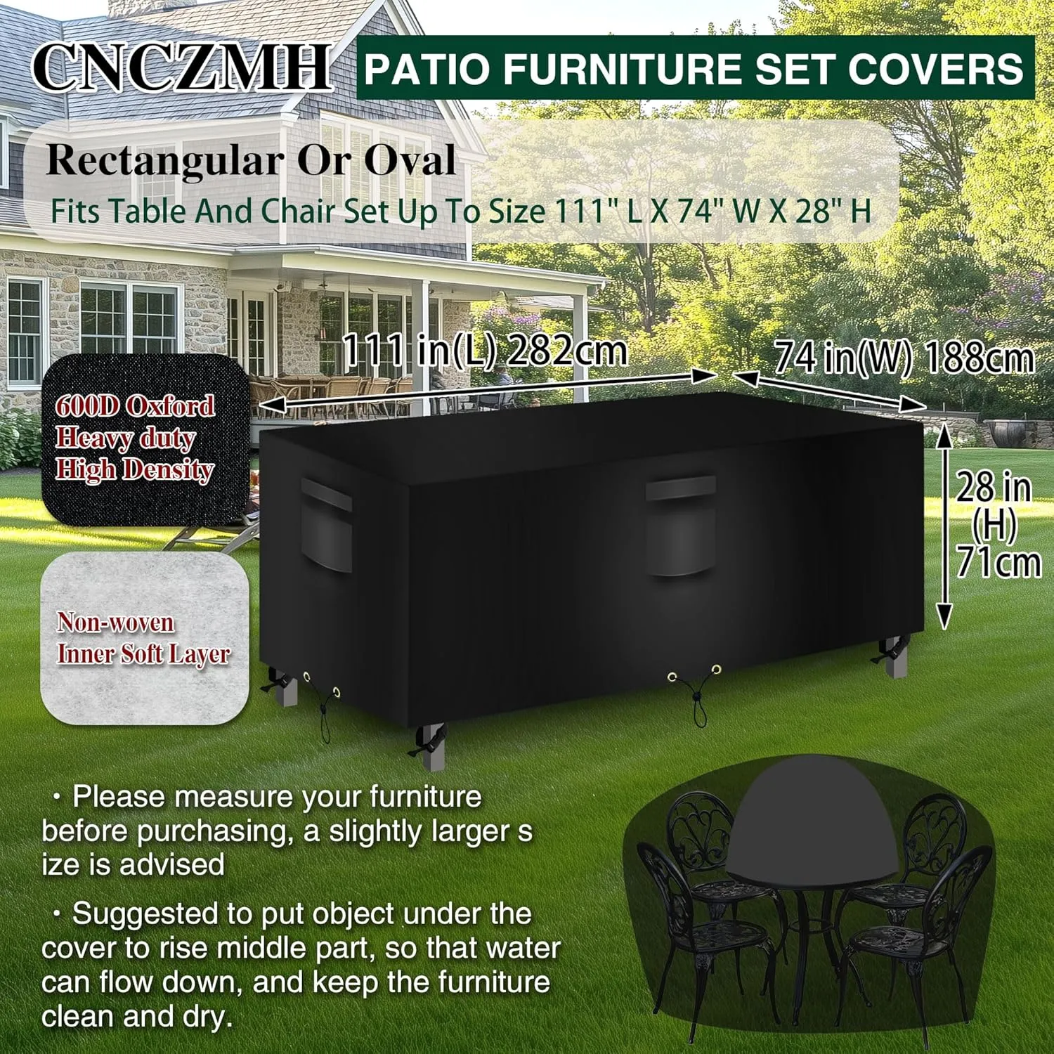 Heavy Duty Patio Furniture Covers Waterproof, Outdoor Table Cover, Sectional Couch Sofa Cover Rectangular, 600D Canvas Oval Patio Dining Table Chair Set Covers 111''L x 74''W x 28''H, Black