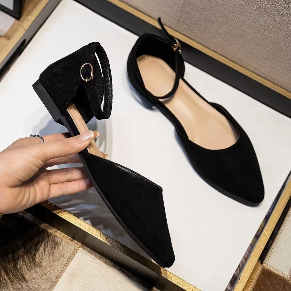 Hee grand Flats for Women Closed Pointed Toe Ankle Strap Ballet Flats Comfortable Light Weight Suede Dress Shoes Office Work Shoes