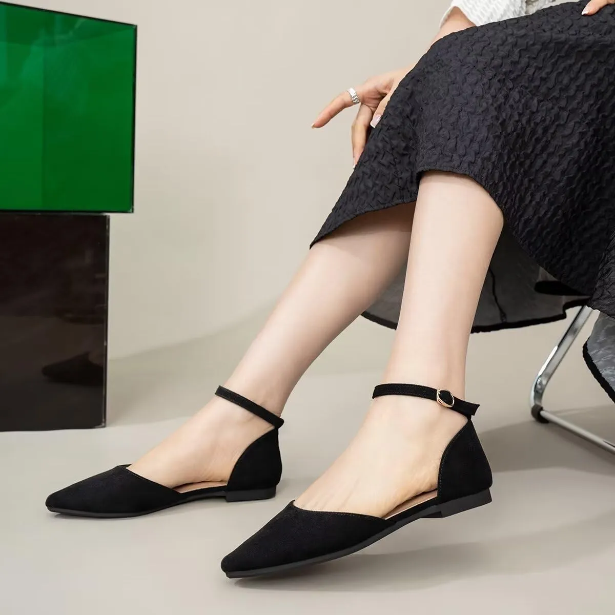 Hee grand Flats for Women Closed Pointed Toe Ankle Strap Ballet Flats Comfortable Light Weight Suede Dress Shoes Office Work Shoes