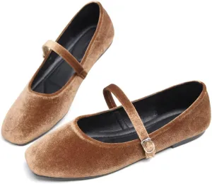 Hee grand Velvet Flats for Women Retro Square Toe Mary Jane Shoes Comfortable Buckle Strap Ballet Flats,Brown 9