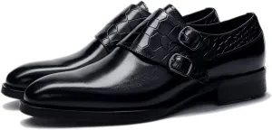 HOOENG Dress Oxford for Men Slip on Double Monk Strap Crocodile Brocaded Round Toe Cowhide Low Top Block Heel Slip Resistant Walk (Color : Black, Size : 12)