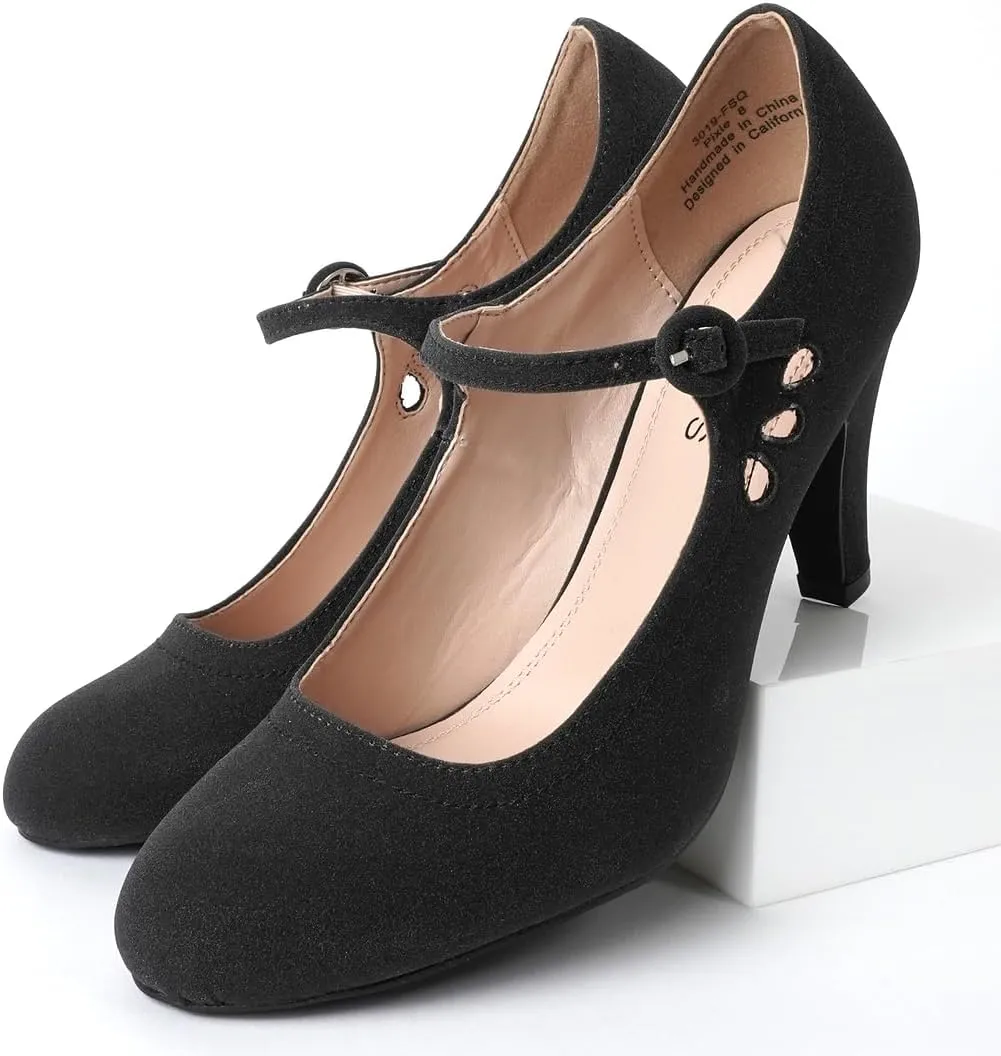 J. Adams Pixie Mary Jane Shoes Women Oxford Pumps - Cute Low Kitten High Heels - Retro Vintage Shoes for Women 1950s Mary Janes Round Toe Shoe with Ankle Strap - Women Dress Shoes