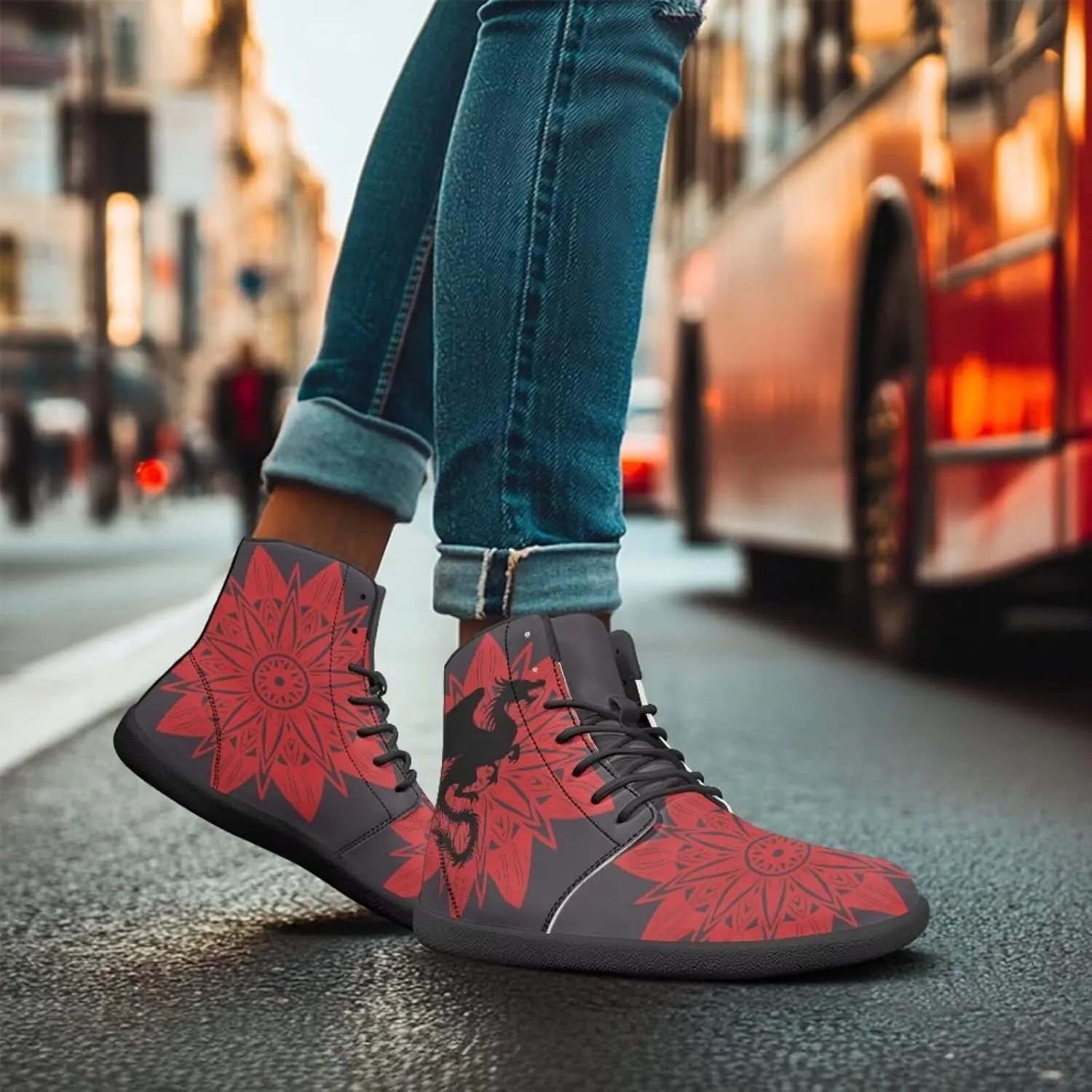 Jeiento Mens High Top Shoes Wide Width Dragon Pattern Barefoot Shoes Casual Walking Shoes