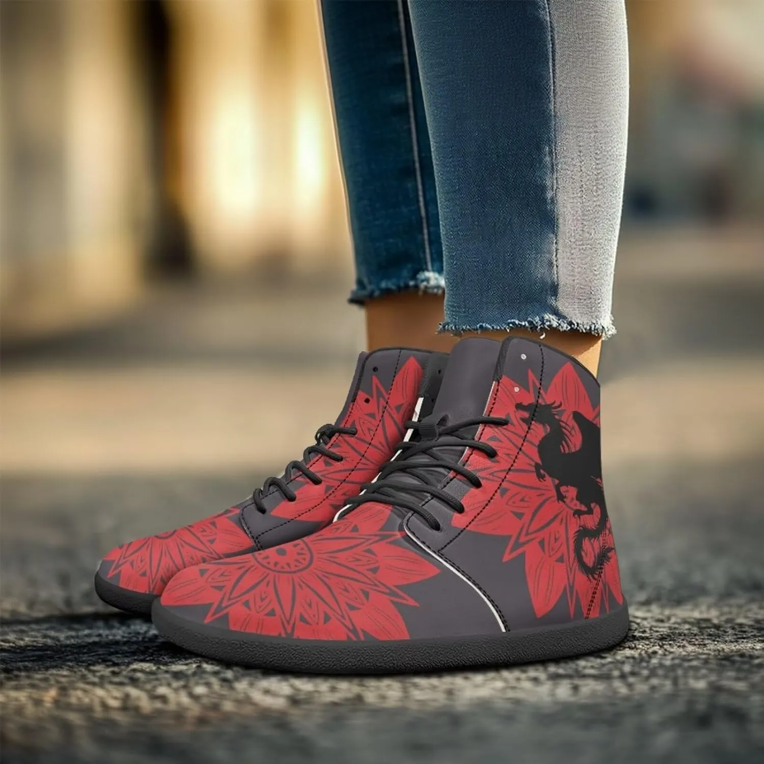 Jeiento Mens High Top Shoes Wide Width Dragon Pattern Barefoot Shoes Casual Walking Shoes