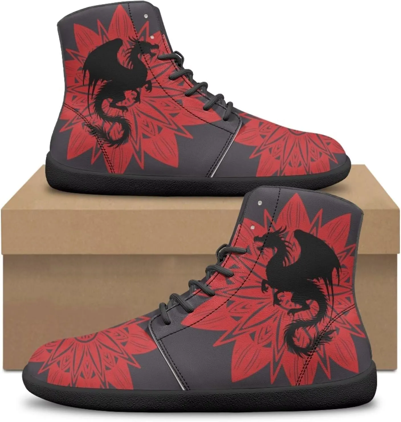 Jeiento Mens High Top Shoes Wide Width Dragon Pattern Barefoot Shoes Casual Walking Shoes