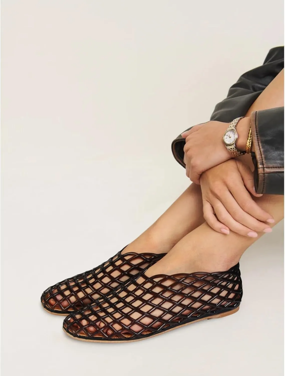 Jelly Mesh Ballet Flats for Women Fishnet PVC Clear Hollow Jellies Sandals Comfortable Beach Ballerina Flats Shoes