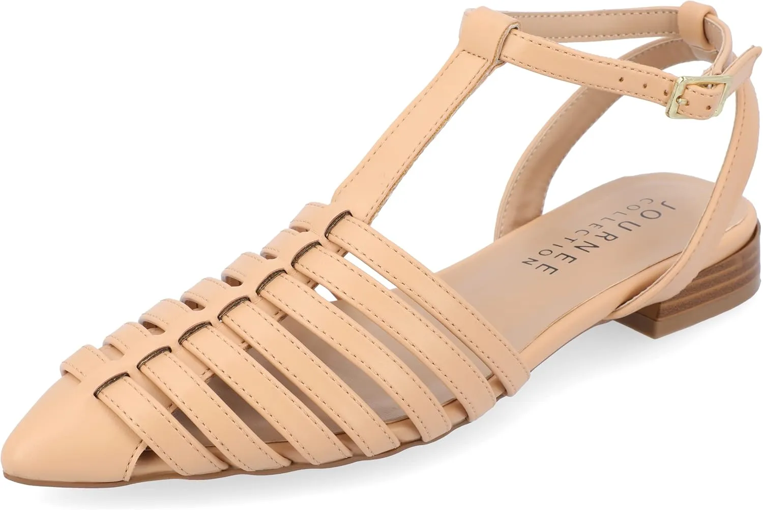 Journee Womens Alivia Ankle Strap Block Heel Pointed Toe Flats Tan