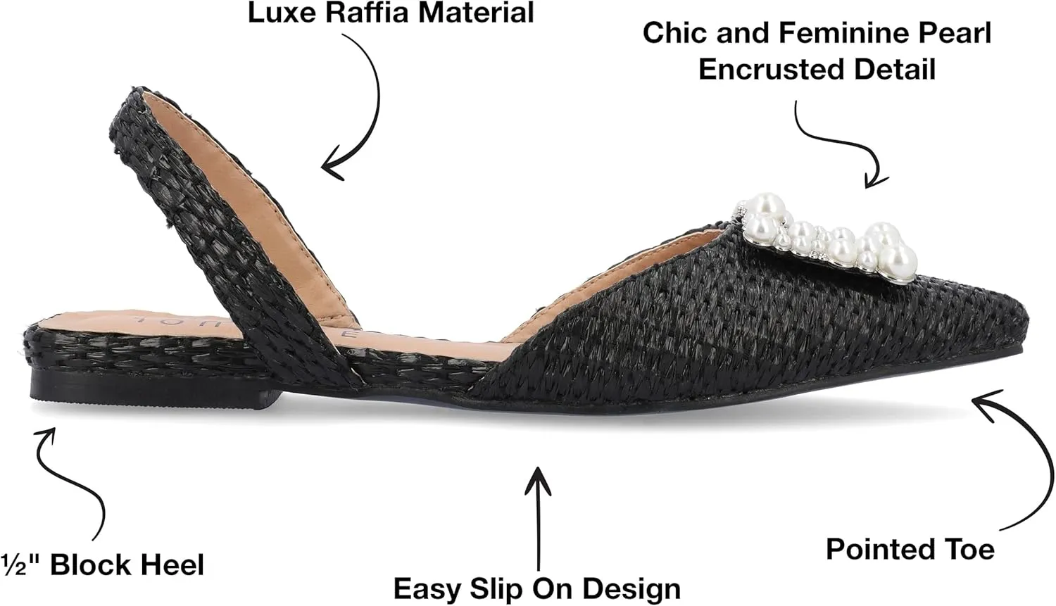 Journee Womens Slingback Jewel Pointed Toe Ballet Flats Slip On Shoes Raffia Pearl Hannae Slides