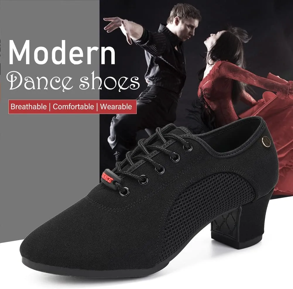JUODVMP Women's Ballroom Dance Practice Shoes Breathable Canvas Chunky Heel Salsa Dance Shoes,Closed Toe