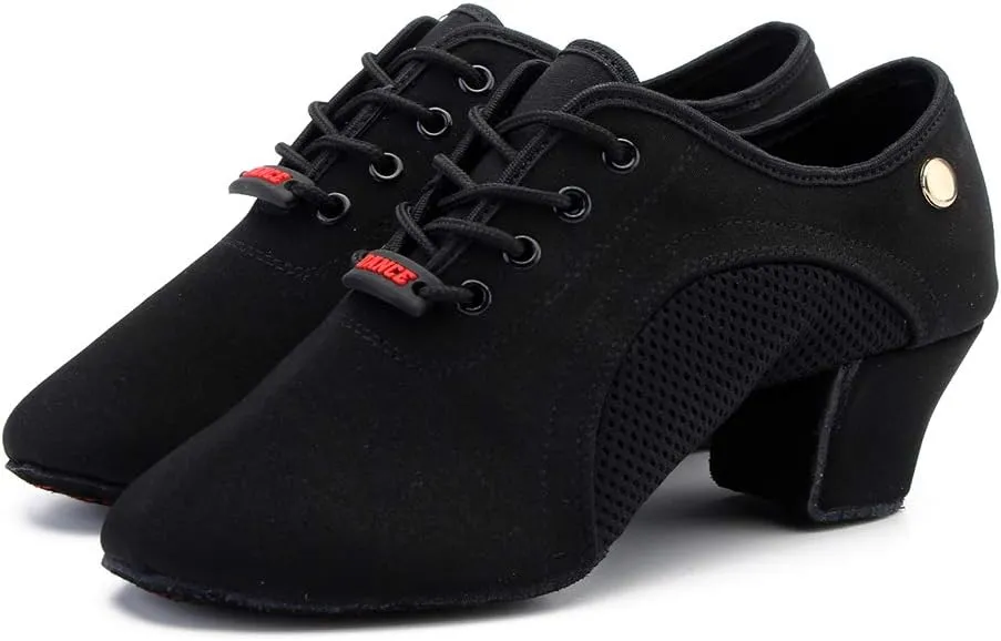 JUODVMP Women's Ballroom Dance Practice Shoes Breathable Canvas Chunky Heel Salsa Dance Shoes,Closed Toe